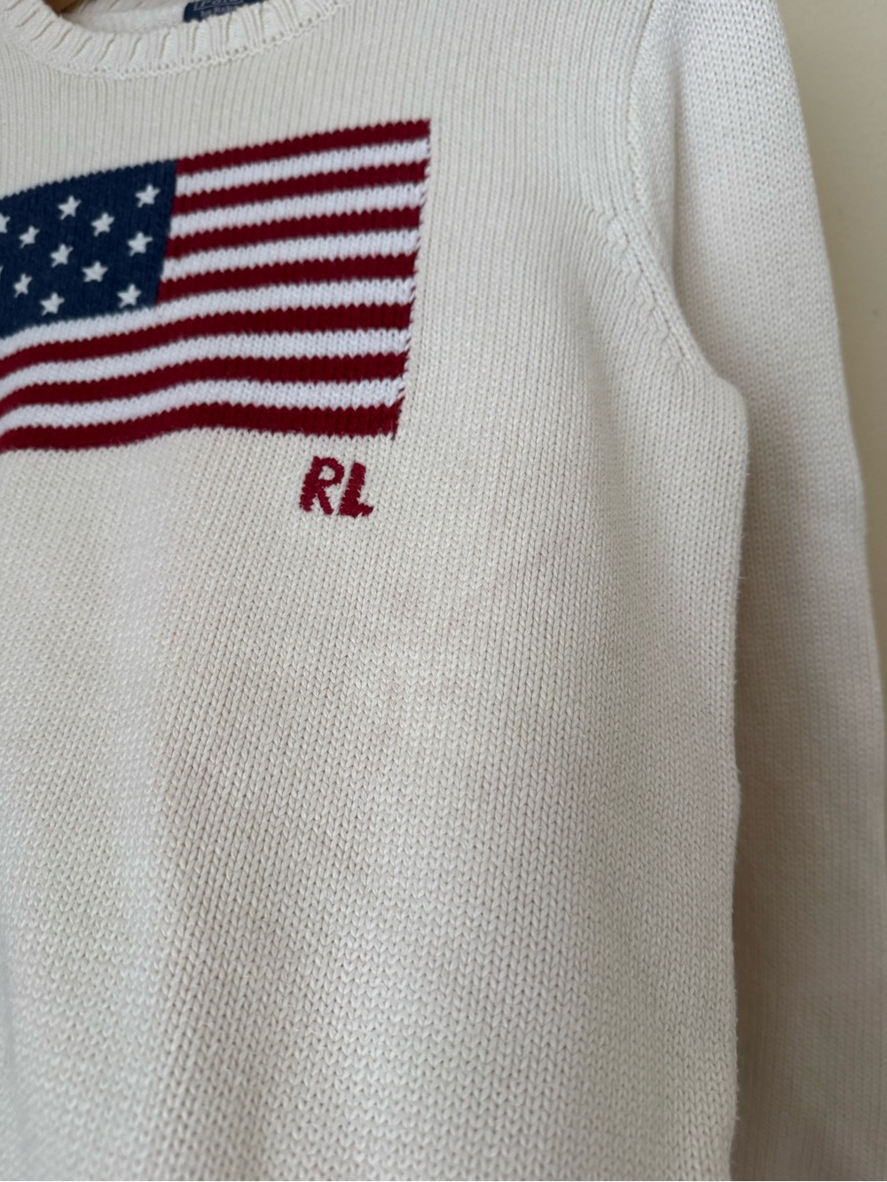 Polo Ralph Lauren American Flag Sweater USA Knit Crewneck Cream Size Medium - Picture 2 of 7